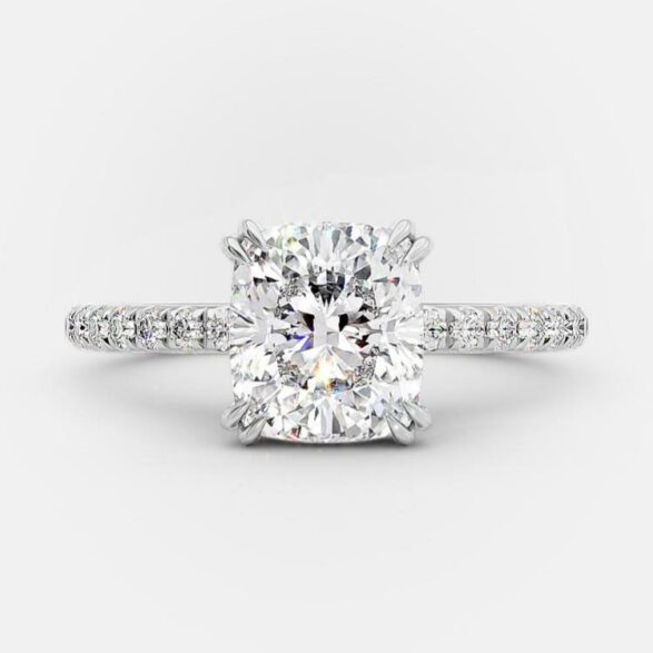 3 Carat Cushion Cut Hidden High Halo Lab Diamond Engagement Ring with Micro Pavé Band – view 2