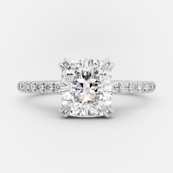 3 Carat Cushion Cut Hidden High Halo Moissanite Diamond Engagement Ring with Micro Pavé Band