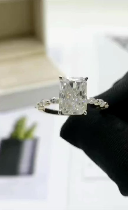 5 Carat Emerald Cut Engagement Ring with Marquise Side Stones – Moissanite & Lab Diamond